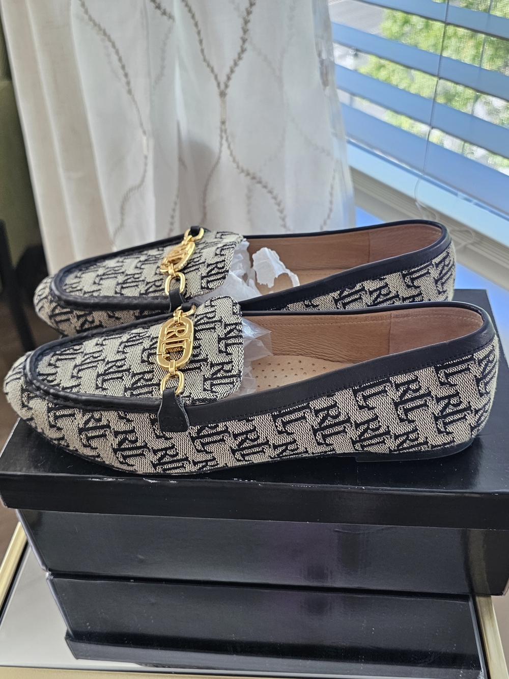 Ralph Lauren Black and Cream RL Monogram Loafers - Picture 3 of 4